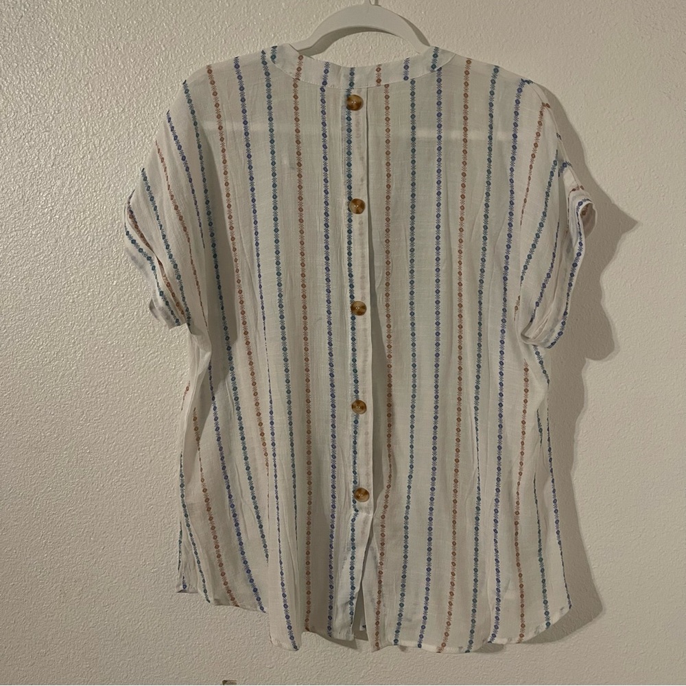 Perch Womens Top Plus Size 1XL Blue Floral Striped Lightweight V Neck Blouse - Picture 10 of 10